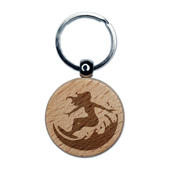 Surfing Surfer Girl on Wave Engraved Wood Round Keychain Tag Charm