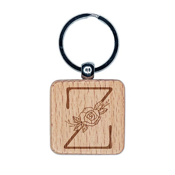 Rose Typewriter Font Capital Letter Z Engraved Wood Square Keychain Tag Charm