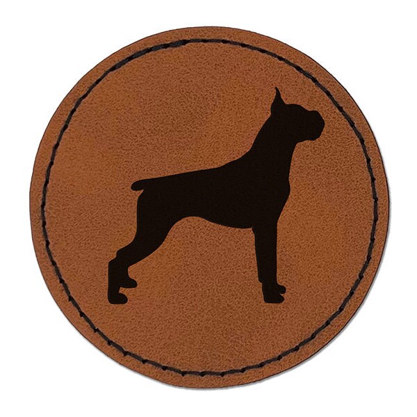 Boxer Dog Solid Round Iron-On Engraved Faux Leather Patch Applique - 2.5"