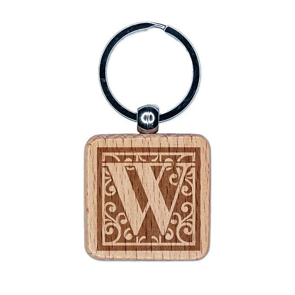 Monogram Swirls Capital Letter W Engraved Wood Square Keychain Tag Charm