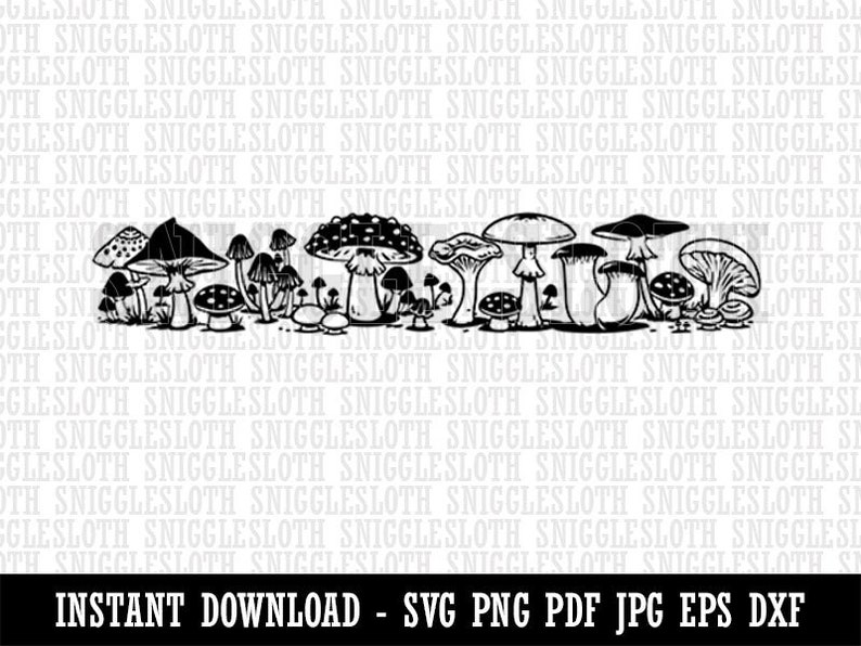 Whimsical Row of Magical Mushrooms Fungus Fungi Toadstool Clipart Digital Download SVG EPS PNG pdf ai dxf jpg Cut Files 