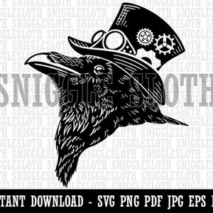 Steampunk Crow in Top Hat with Goggles Gears Clipart Digital Download SVG EPS PNG pdf ai dxf jpg Cut Files Commercial