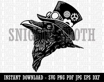 Steampunk Crow in Top Hat with Goggles Gears Clipart Digital Download SVG EPS PNG pdf ai dxf jpg Cut Files Commercial