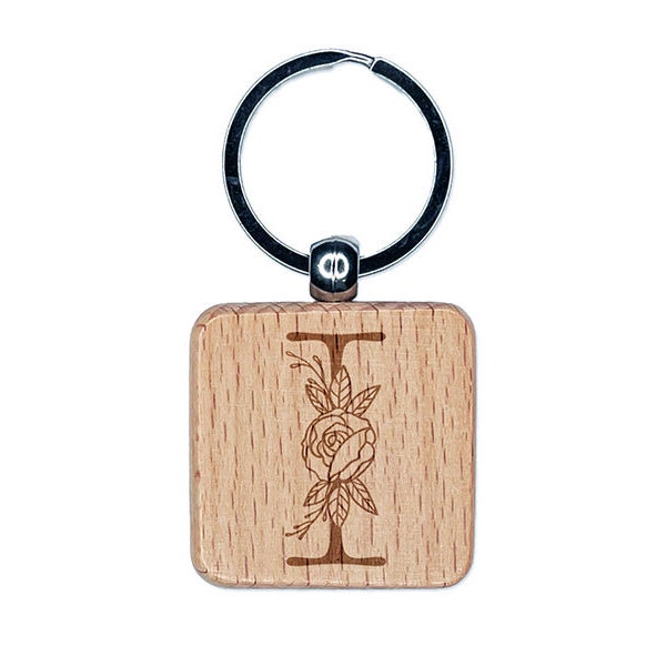 Rose Typewriter Font Capital Letter I Engraved Wood Square Keychain Tag Charm