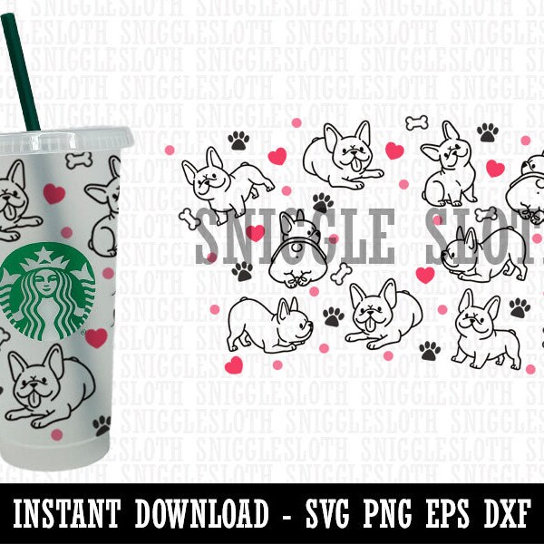 Chibi Frenchie French Bulldog Dog Bones Paws Starbucks 24oz Venti Cold Cup SVG PNG EPS dxf Digital Download Cut File