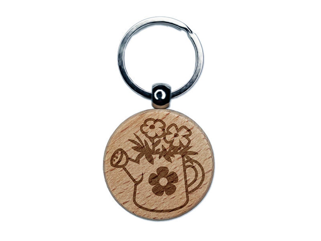 Cute Watering Can With Flowers Engraved Wood Round Keychain Etsy