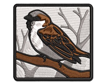 House Sparrow Bird on Branch Multi-Color Embroidered Iron-On or Hook & Loop Patch Applique