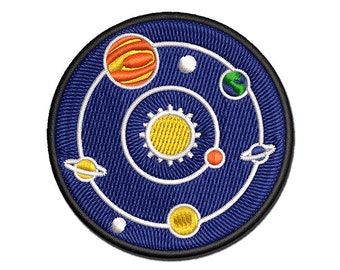 Solar System with Sun and Planets and Stars in Orbit Multi-Color Embroidered Iron-On or Hook & Loop Patch Applique