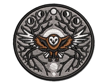 Intricate Barn Owl with Wreath of Branches and Moon Phases Multi-Color Embroidered Iron-On Patch Applique