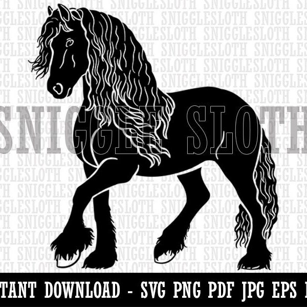 Cheval frison élégant Clipart Téléchargement numérique instantané SVG EPS PNG PDF AI DXF JPG Fichiers de coupe pour un usage commercial