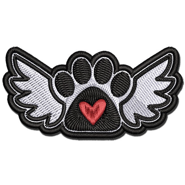 Paw Print Angel Wings with Heart Dog Cat Multi-Color Embroidered Iron-On or Hook & Loop Patch Applique