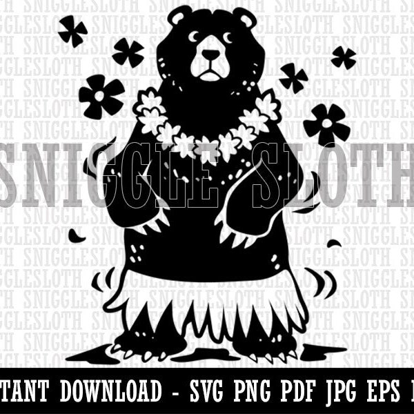 Luau Hawaiian Bear in Hula Skirt with Lei Clipart Digital Download SVG EPS PNG pdf ai dxf jpg Cut Files Commercial Use