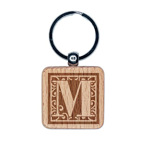 Monogram Swirls Capital Letter M Engraved Wood Square Keychain Tag Charm