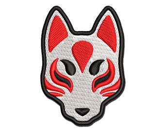 Kitsune Japanese Fox Mask Multi-Color Embroidered Iron-On or Hook & Loop Patch Applique