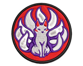 Kitsune Japanese Nine Tailed Fox Multi-Color Embroidered Iron-On or Hook & Loop Patch Applique