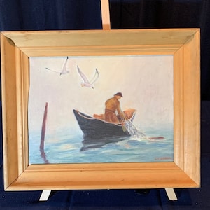Original, Signed, Linwood Clark Borum, Oil on Canvas of Fisherman in a Boat
