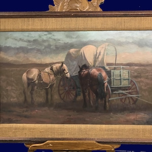 Original, Signed, Roy (George Leroy) Hampton Oil Painting of a Covered Wagon and Horses at Twilight