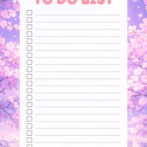 以下が含まれることがあります： ピンク色のタイトルが付いた白い To Do List で、夢のような紫とピンクの花柄の背景に設定されています。リストにはチェックボックスと書き込み用の点線があります。背景には都市景観と三日月があります。