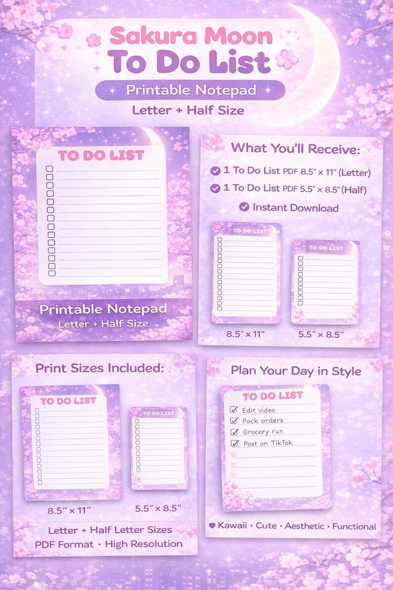 Sakura Moon to Do List Printable | Kawaii Cherry Blossom Planner Sheet ...