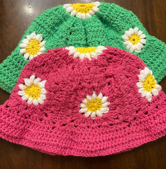 Oddly Hooked Artisan Made Crochet Hats Daisy Granny Square Pink Orange Festival Granny Square Daisy Beanies: Crochet Colorful Hat, Handmade  main image 3