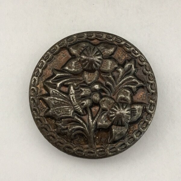 Vintage Pressed Brass Button; Flowers With Butterfly; Tinted Metal Floral Button