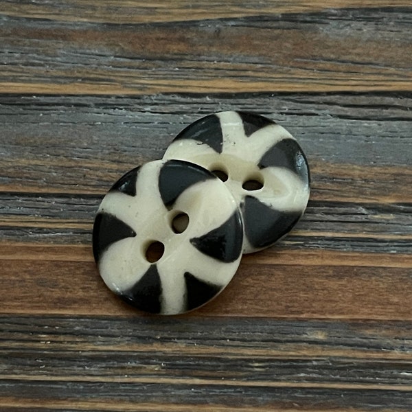 Pair of Black and Ivory Stencil Buttons, Vintage Geometric Pattern China Buttons, Two-Hole Fish Eye Stencil Button