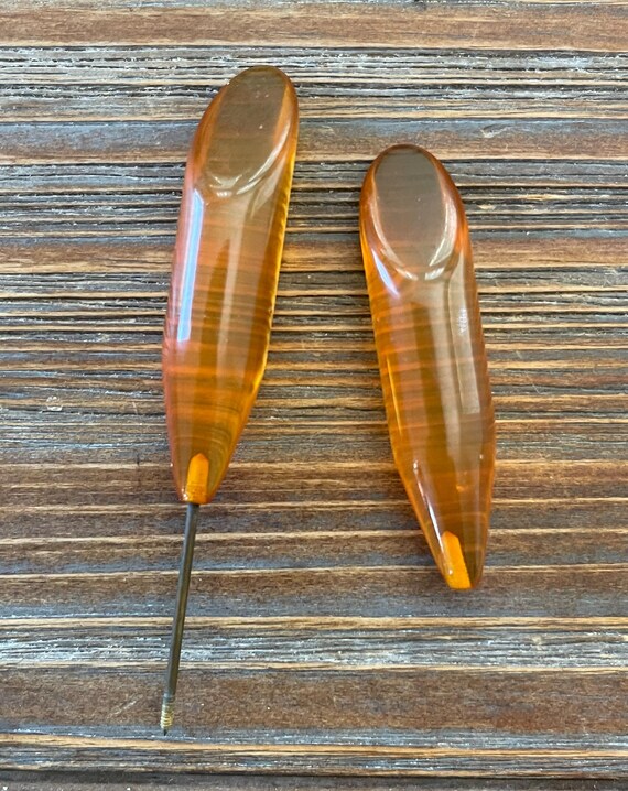 Vintage Butterscotch Lucite Hatpin; Art Deco Double Ended Lucite Coat Pin; Antique Screw on Clear Lucite Stick Pin