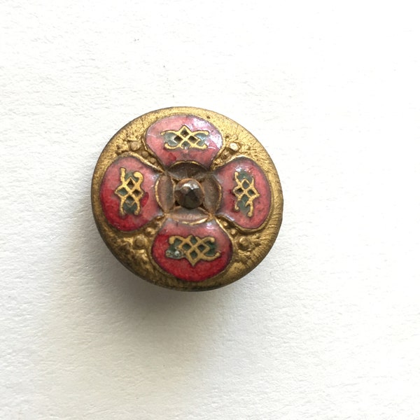 Antique Champleve Enamel on Gilt Brass Button; Cut Steel Inset; Art Nouveau Style; Red and Green Victorian Enamel Button, Flower Design