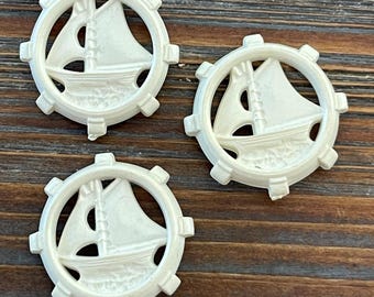 Vintage White Plastic Sailboat Buttons, Set of 3 Nautical Charms