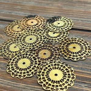 Lot of 10 Vintage Brass Filigree Jewelry Findings; Round Brass Filigree Jewelry Stampings