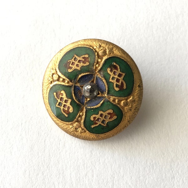 Antique Champleve Enamel on Gilt Brass Button; Art Nouveau Style; Cut Steel Inset; Green and Gold Victorian Enamel Button, Flower Design