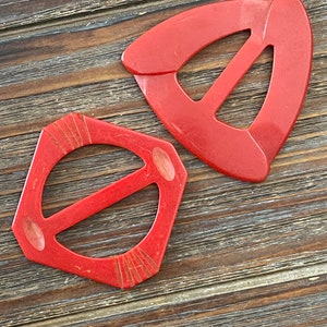 Two Antique Carved Bakelite Buckles; Art Deco Red Bakelite Buckles; Vintage Plastic Red Buckles; Carved Bakelite