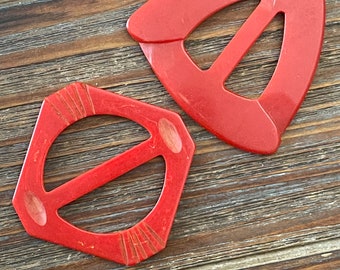 Two Vintage Carved Red Bakelite Buckles: Art Deco Style