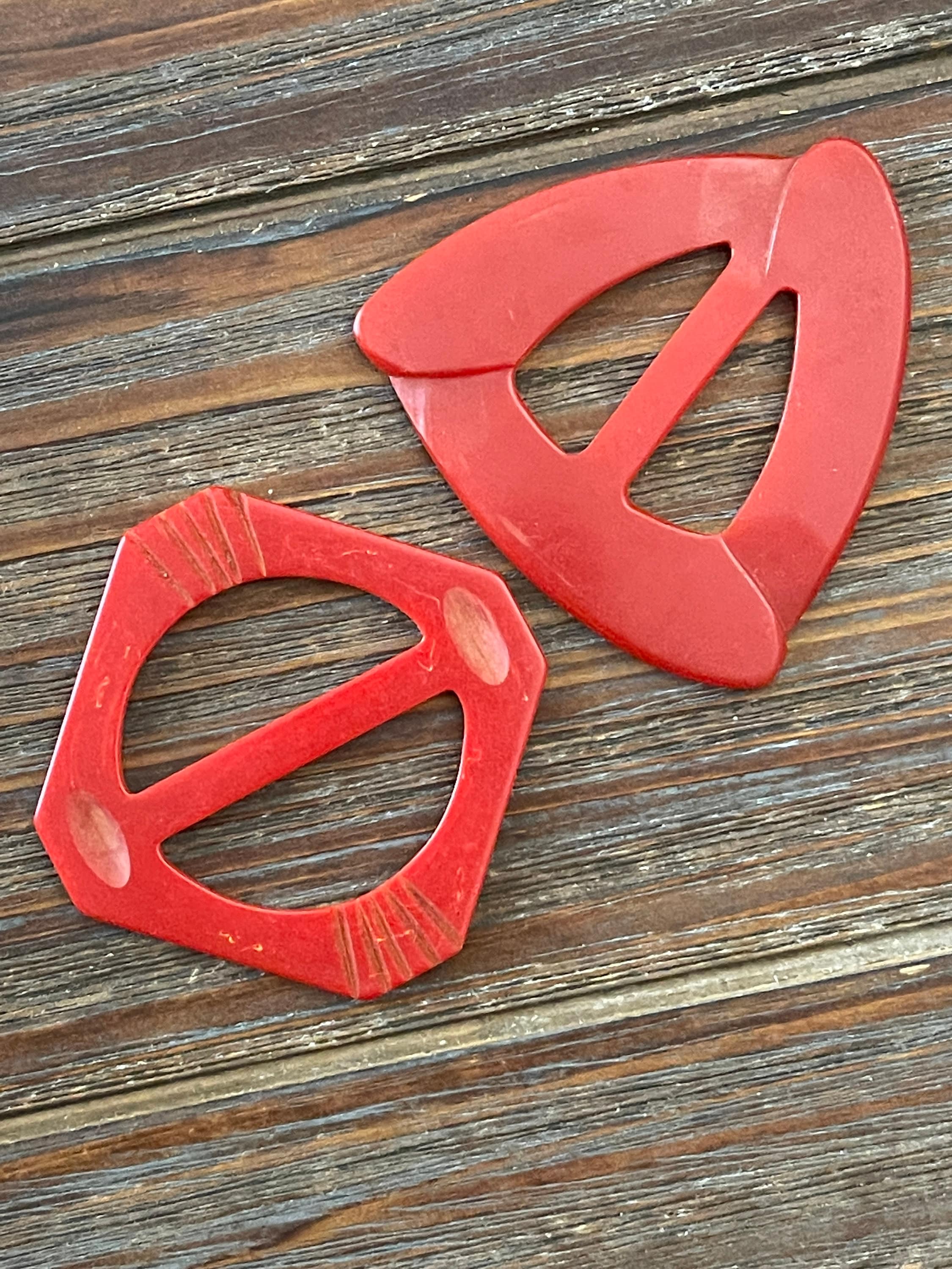 Bakelite Belt Buckles Two Vintage Red Art Deco New Old Stock Collectors Pair VTG Red Bakelite 2 Piece Belt Buckle With Fabric Belt Art  main image 2