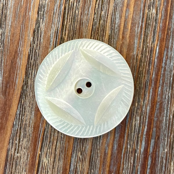 Large Carved Antique Mother of Pearl Button; Vintage Etched Shell Button; Iridescent Ivory and Pink, 2 Hole Sew Thru