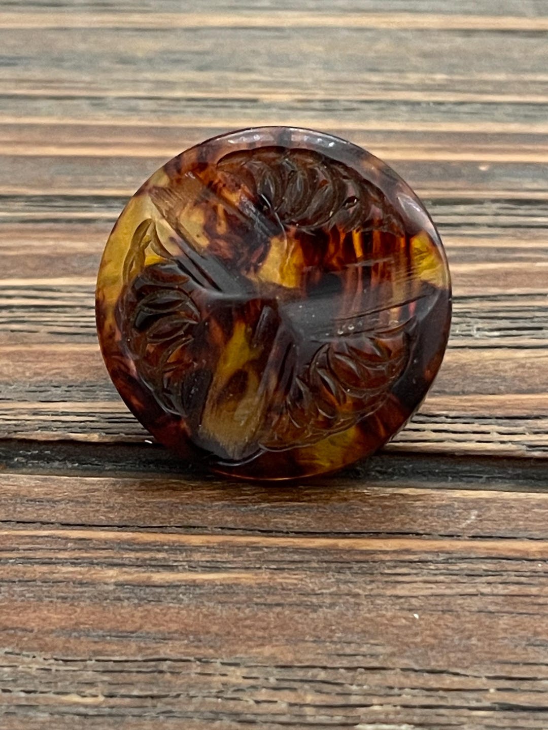 Antique Carved Lucite Tortoise Shell Button, 1" Round Butterscotch ...