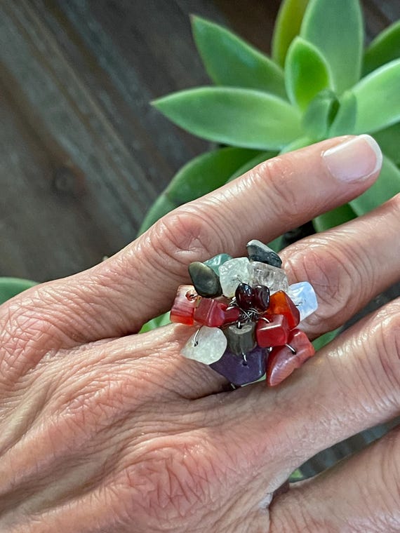 Vintage Multi Gemstone Flower Ring: Adjustable Wi… - image 1