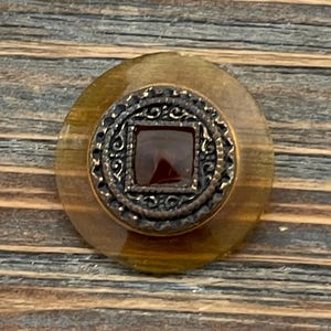 Vintage Transparent Amber Plastic Button, Brass Center