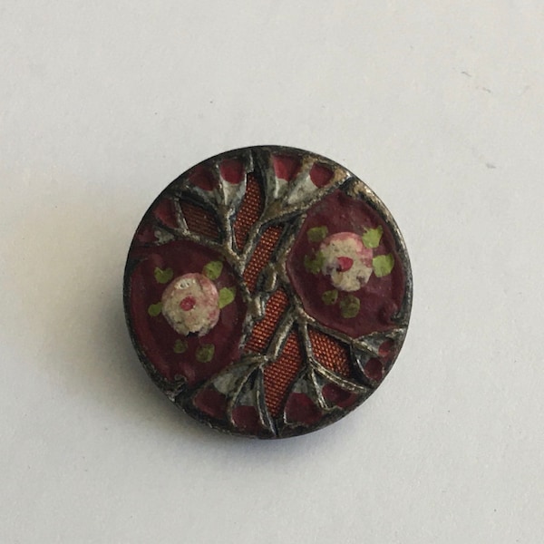 Maroon Antique Flower Button; Stamped, Pierced, and Painted Metal Button; Textured and Tinted Metal Liner; Victorian Floral Button