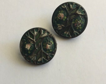 Green Antique Flower Button; Stamped, Pierced, and Painted Metal Button; Textured and Tinted Metal Liner; Victorian Floral Button