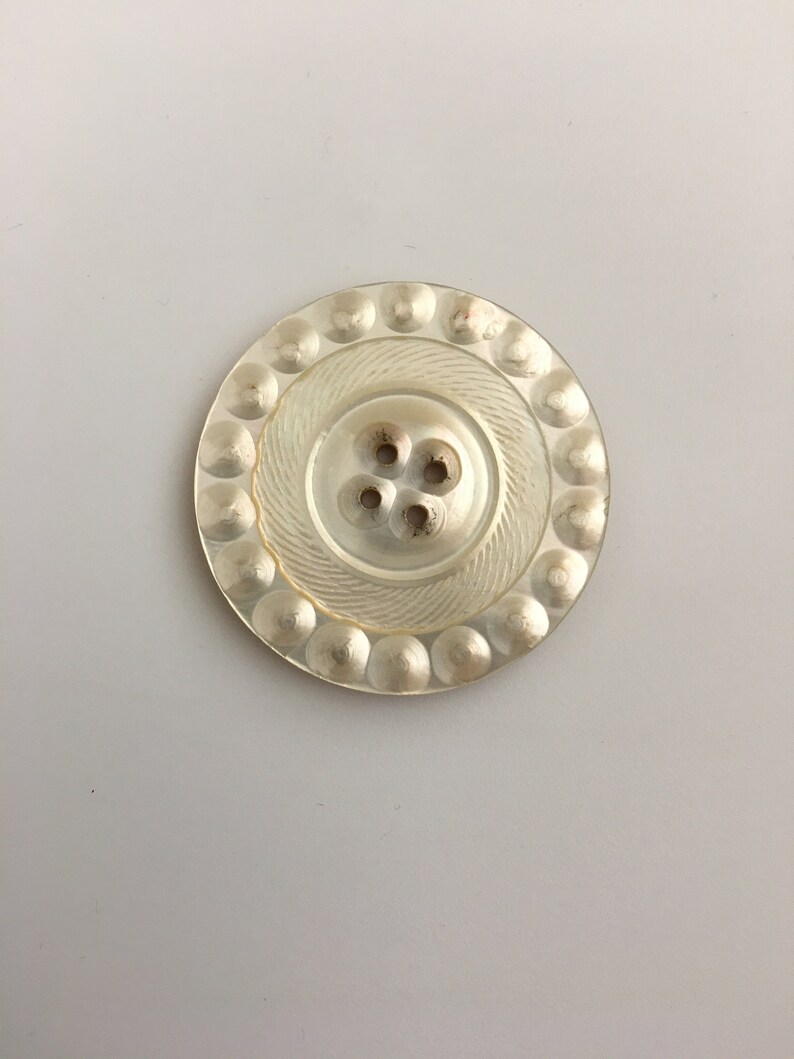 Beautifully Carved Mother of Pearl Button; Iridescent White Pearl; Large Antique Shell Button; 4 Hole Sew Thru