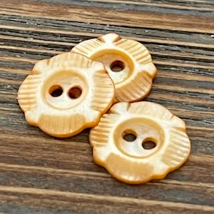 3 Antique Carved and Tinted Mother of Pearl Buttons; Light Orange Shell Button Set