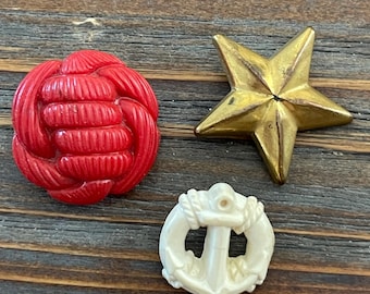 Vintage Nautical Plastic Buttons - Anchor, Rope, Star - 1940s Lot of 3