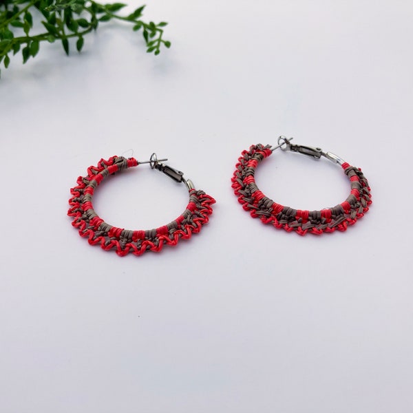 Micronesian Earrings - Red & Brown Lacey Hoops