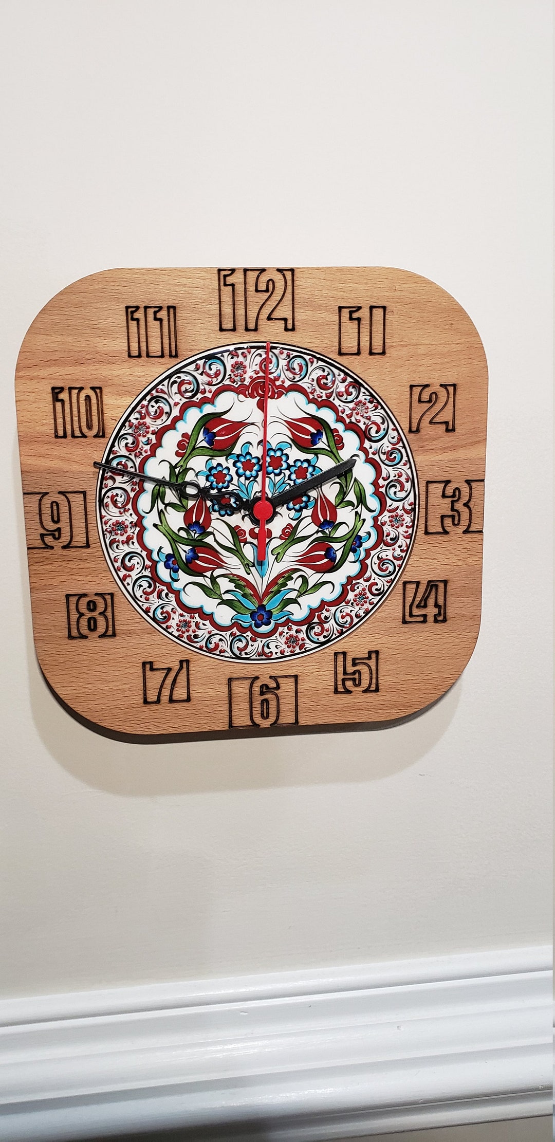 Handpainted Turkish Ceramic Tile Wall Clock With Decorative Wooden