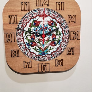 Handpainted  Turkish Ceramic Tile Wall Clock with decorative wooden frame