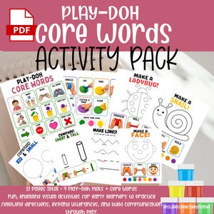 May include: A digital PDF activity pack titled Play-Doh Core Words Activity Pack, featuring multiple printable sheets with colorful illustrations, instructional text, and interactive tasks for creating shapes like ladybugs, snails, and faces.