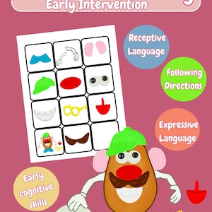 Pode incluir: Uma atividade imprimível do Mr. Potato Head para intervenção precoce. A atividade inclui uma grade de diferentes partes do Mr. Potato Head e um personagem do Mr. Potato Head com um chapéu verde, um bigode castanho e sapatos azuis. A atividade é projetada para ajudar as crianças a desenvolver a linguagem receptiva, a linguagem expressiva, o seguimento de instruções e as habilidades cognitivas precoces.