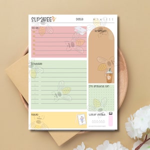 May include: A printable planner with a bee theme. The planner has sections for to-do lists, schedules, priorities, gratitude, and water intake. The planner is decorated with bees and honeycombs.