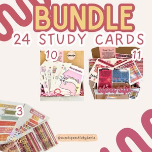 May include: A bundle of 24 study cards with the word "BUNDLE" in large letters. The cards are in boxes and feature colorful illustrations and text related to speech therapy. The image includes the text "@sweetspeechiebytania".